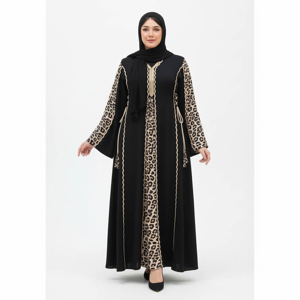 Woman wearing a black abaya with leopard print details on a white background