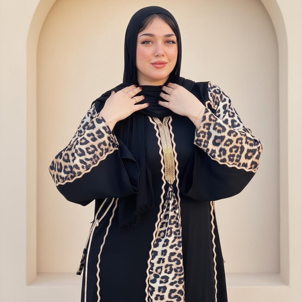 Woman wearing a black abaya with leopard print details against a beige wall.