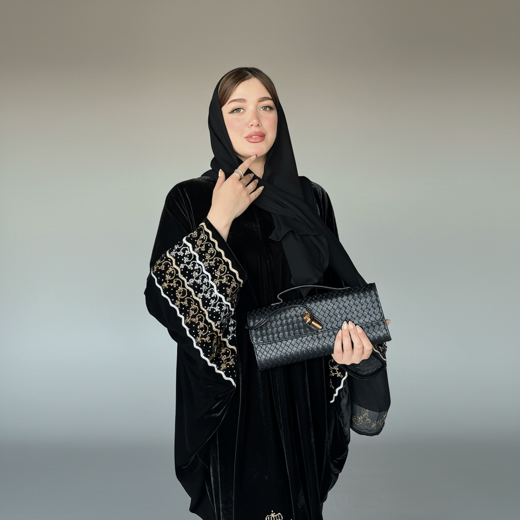 Woman in a black abaya with white embroidery holding a black handbag in an indoor setting.