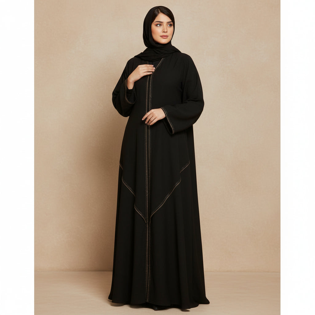 Woman in a black abaya standing against a stone wall.