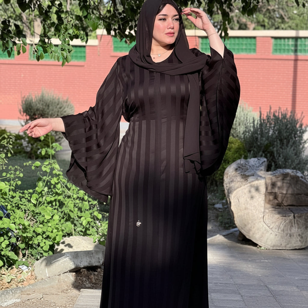 Woman in a black abaya standing outdoors with greenery and a brick wall in the background