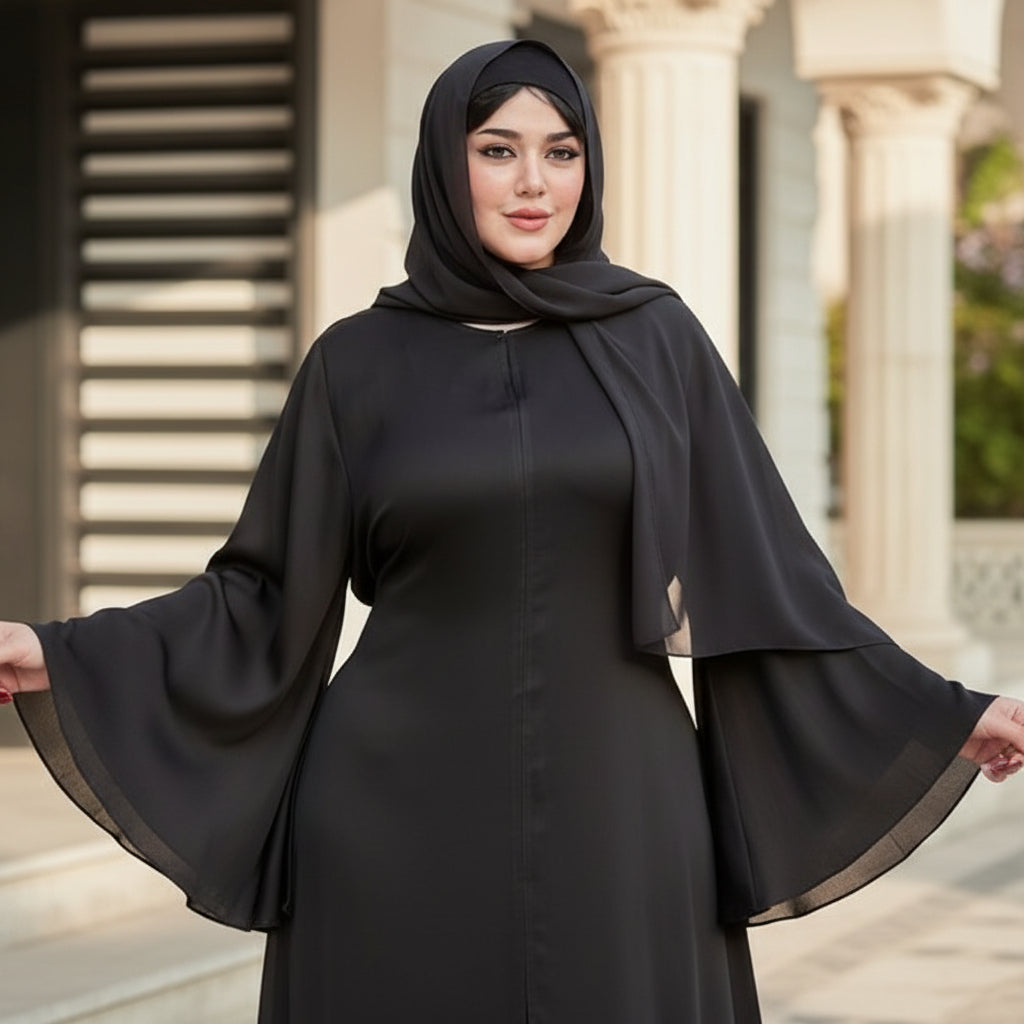 Woman wearing a black abaya standing outdoors with a building and fence in the background.